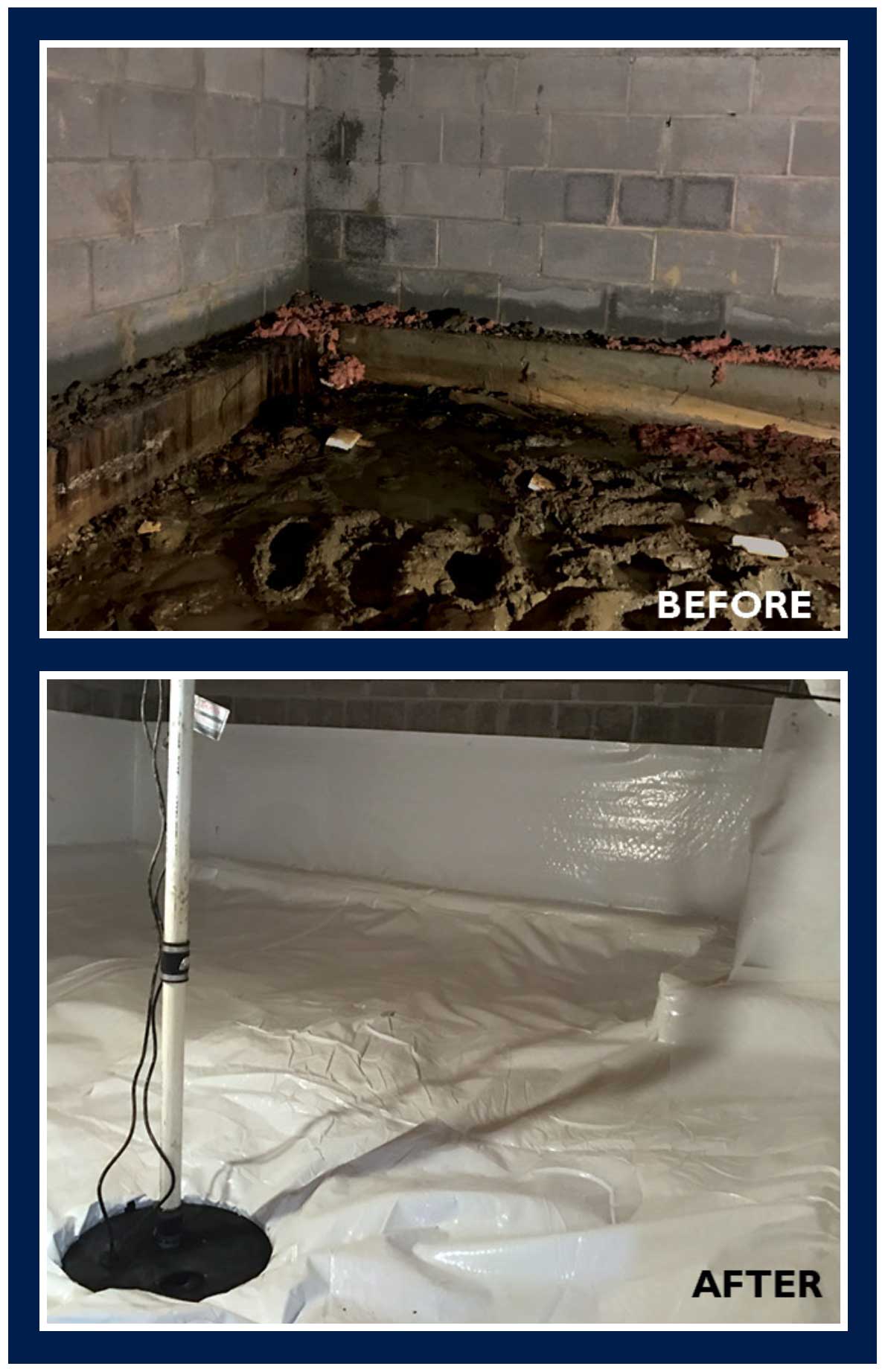 Before and after of crawl space encapsulation in a Western Pennsylvania basement